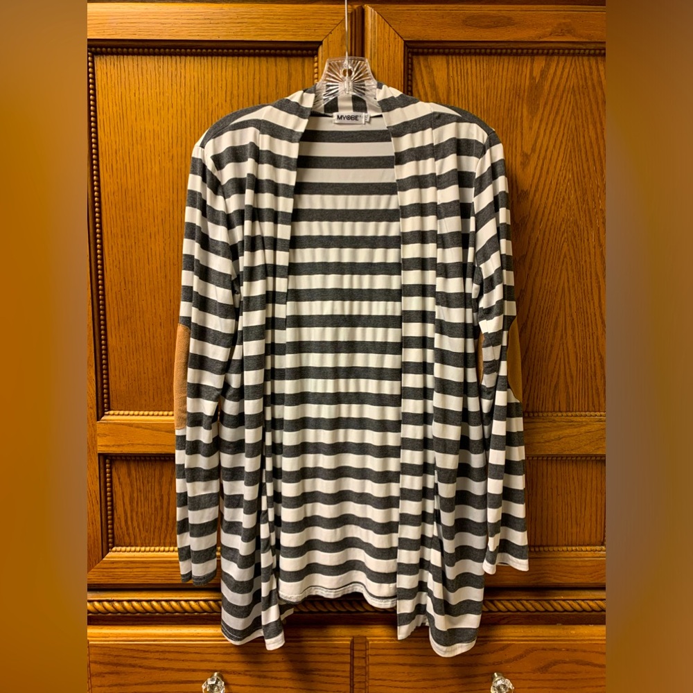 Myobe Women’s Cotton Open Front Cardigan Grey White Striped Elbow Patch Sz XXL